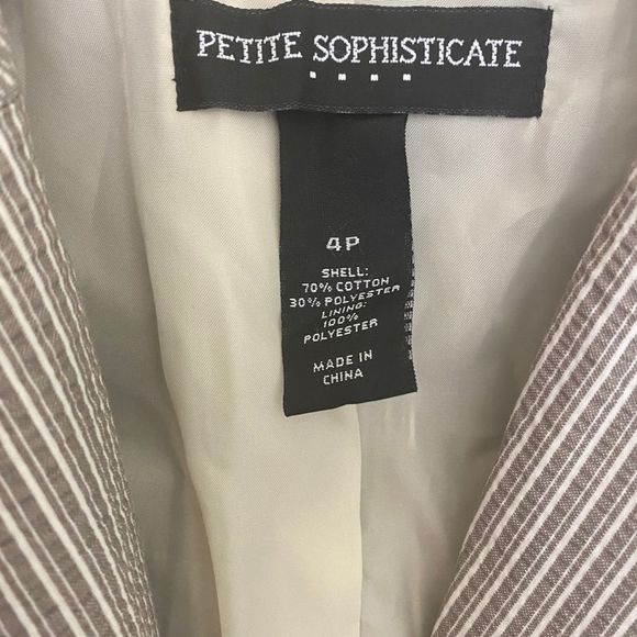 PETITE SOPHISTICATE Seersucker Beige Tan Striped Blazer Jacket One Button - Picture 6 of 8